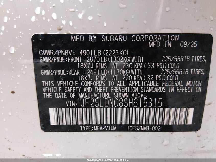 2025 Subaru Forester VIN JF2SLDNC8SH615315 IAAI salvage auction — SIDE, Wait Title, sold $10,600 on 2026-09-18 (photo 9)
