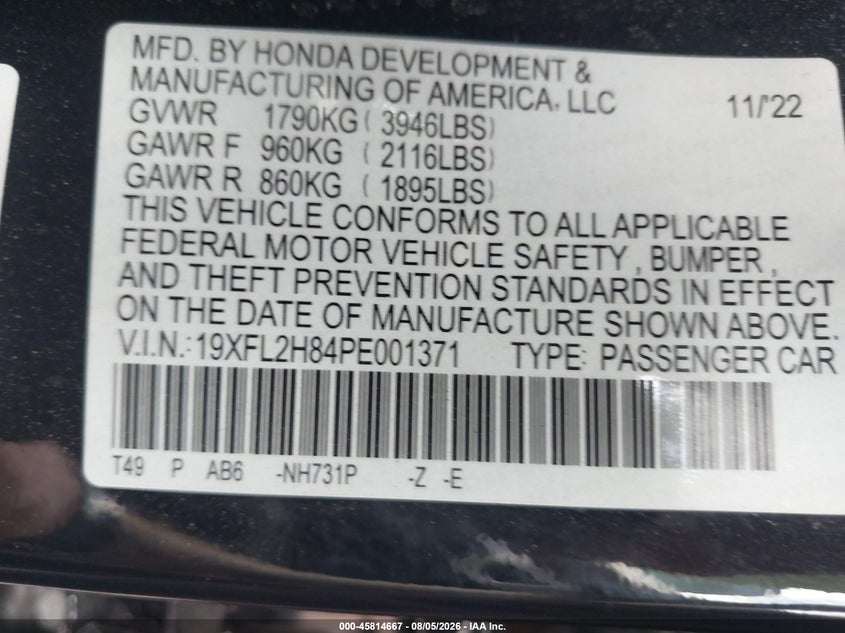 2023 Honda Civic VIN 19XFL2H84PE001371 IAAI salvage auction — FRONT END, Wait Title, sold $7,425 on 2026-09-19 (photo 9)