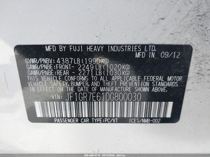 2013 Subaru Impreza wrx VIN JF1GR7E61DG800030 IAAI salvage auction — FRONT END, Salvage Certificate (California), sold $7,550 on 2026-08-19 (photo 9)