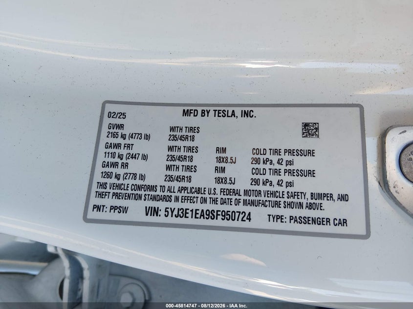 2025 Tesla Model 3 VIN 5YJ3E1EA9SF950724 IAAI salvage auction — REAR END, Salvage Title, sold $16,975 on 2026-09-04 (photo 9)