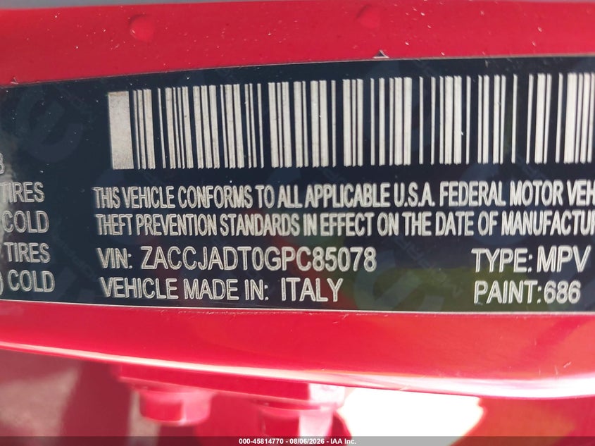 2016 Jeep Renegade VIN ZACCJADT0GPC85078 IAAI salvage auction — NORMAL WEAR, Clear (Florida), sold $25 on 2026-08-16 (photo 9)