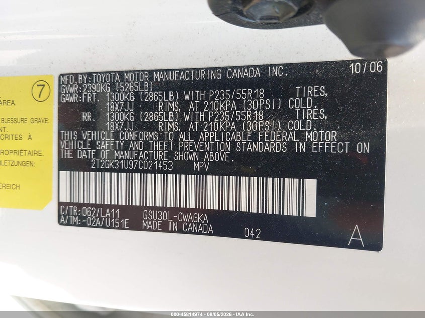 2007 Lexus Rx VIN 2T2GK31U97C021453 IAAI salvage auction — NORMAL WEAR, Clear (Missouri), sold $1,800 on 2026-08-27 (photo 9)