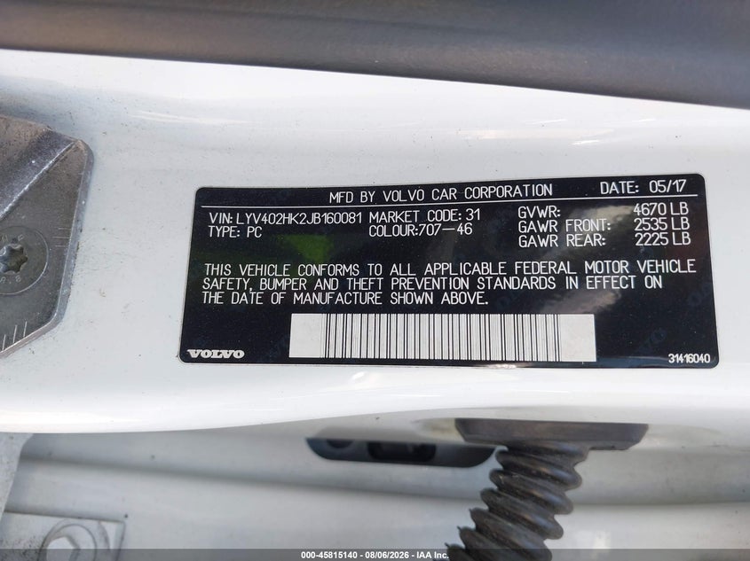 2018 Volvo VIN LYV402HK2JB160081 IAAI salvage auction — NORMAL WEAR, Clear (Washington), sold $525 on 2026-09-16 (photo 9)