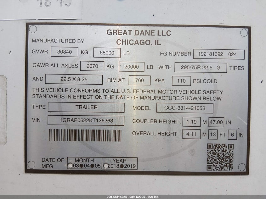 2019 Great dane trailers Unknown VIN 1GRAP0622KT126263 IAAI salvage auction — STORM DAMAGE, Wait Title, sold $2,900 on 2026-09-30 (photo 8)