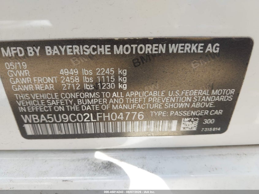 2020 BMW VIN WBA5U9C02LFH04776 IAAI salvage auction — REAR END, Salvage, sold $20,550 on 2026-08-24 (photo 9)
