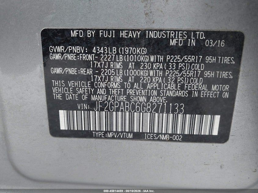 2016 Subaru Xv VIN JF2GPABC6G8271133 IAAI salvage auction — LEFT FRONT, Bill Of Sale (Washington), sold $1,750 on 2026-08-24 (photo 9)