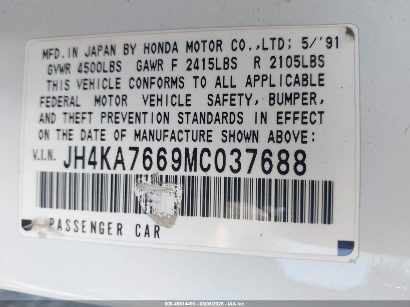 1991 Acura Legend VIN JH4KA7669MC037688 IAAI salvage auction — RIGHT SIDE, Salvage (California), sold $375 on 2026-09-02 (photo 9)