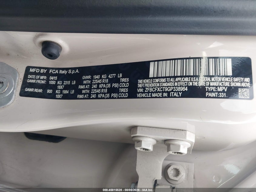 2016 Fiat 500x VIN ZFBCFXCT9GP338964 IAAI salvage auction — NORMAL WEAR, Clear (Florida), sold $425 on 2026-08-12 (photo 9)