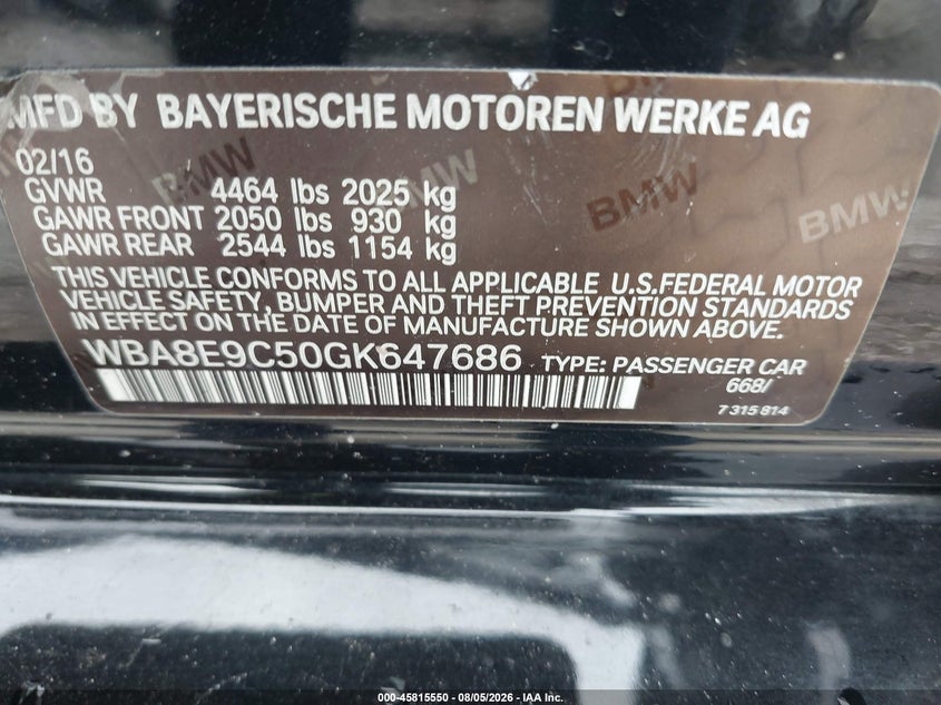 2016 BMW 3er VIN WBA8E9C50GK647686 IAAI salvage auction — LEFT REAR, Clear (Florida), sold $1,225 on 2026-08-26 (photo 9)