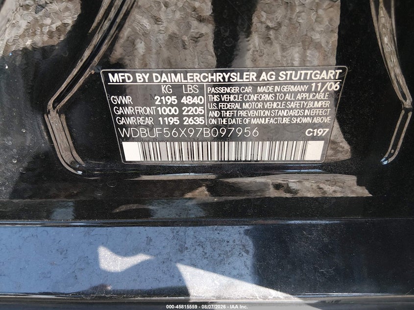 2007 Mercedes-benz E-class VIN WDBUF56X97B097956 IAAI salvage auction — FRONT END, Clear (South Carolina), sold $250 on 2026-08-18 (photo 9)