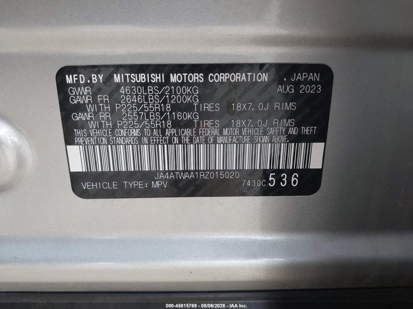 2024 Mitsubishi Eclipse cross VIN JA4ATWAA1RZ015020 IAAI salvage auction — FRONT & REAR, Salvage (Ohio), sold $9,100 on 2026-09-16 (photo 9)