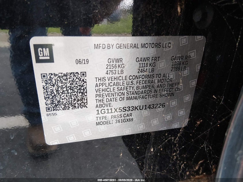 2019 Chevrolet Impala VIN 1G11X5S33KU143226 IAAI salvage auction — NORMAL WEAR, SF97 (Virginia), sold $17,100 on 2026-08-19 (photo 9)