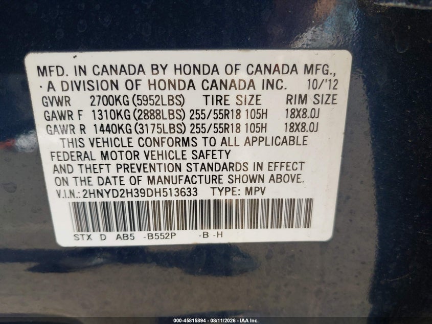2013 Acura Mdx VIN 2HNYD2H39DH513633 IAAI salvage auction — NORMAL WEAR, Salvage Title, sold $0 on 2026-09-11 (photo 9)