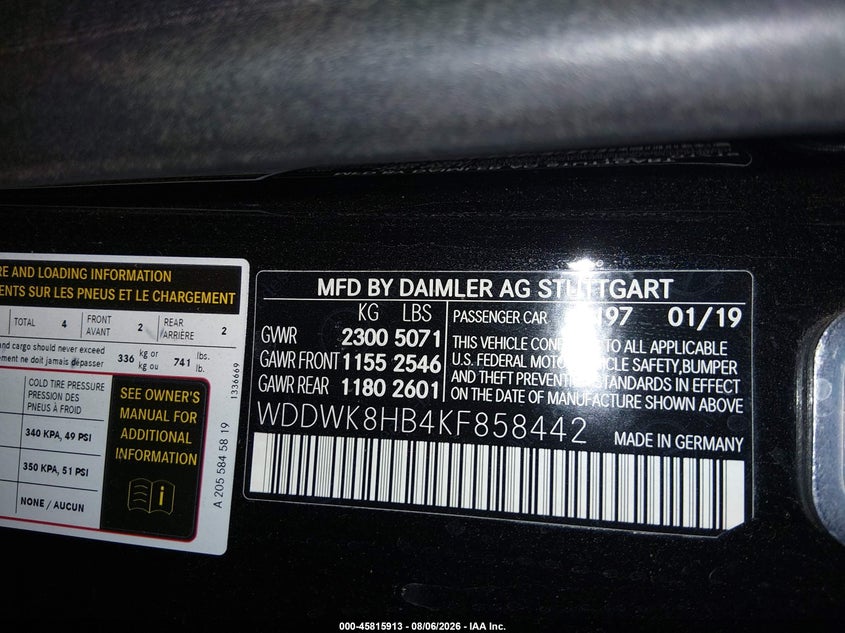 2019 Mercedes-benz VIN WDDWK8HB4KF858442 IAAI salvage auction — RIGHT FRONT, Salvage Title, sold $19,600 on 2026-08-31 (photo 9)
