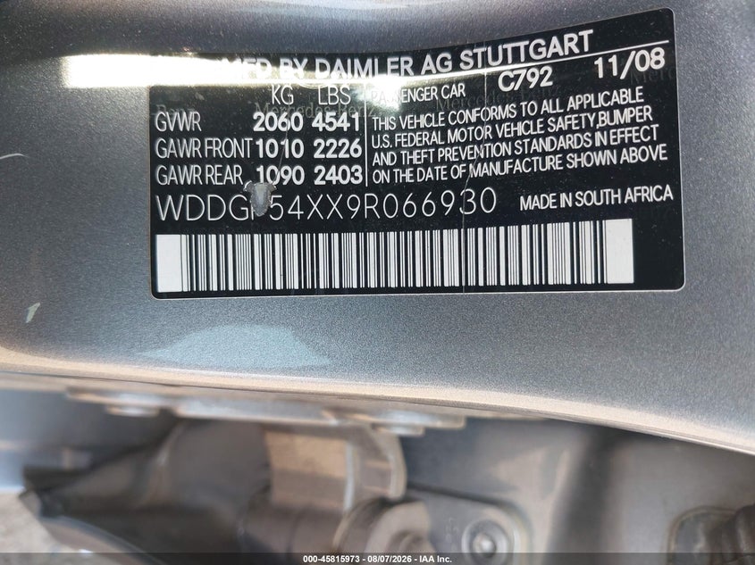 2009 Mercedes-benz C class VIN WDDGF54XX9R066930 IAAI salvage auction — NORMAL WEAR, Original (Texas), sold $550 on 2026-08-13 (photo 9)