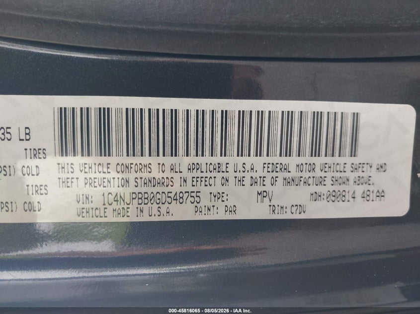 2016 Jeep Liberty (patriot) VIN 1C4NJPBB0GD548755 IAAI salvage auction — LEFT FRONT, Salvage Title, sold $1,200 on 2026-08-27 (photo 9)