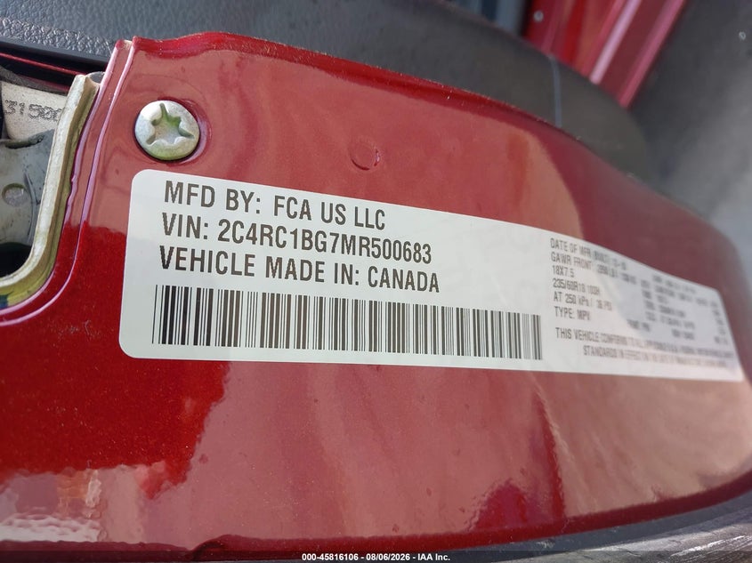 2021 Chrysler Pacifica VIN 2C4RC1BG7MR500683 IAAI salvage auction — REAR END, Salvage (Ohio), sold $9,500 on 2026-09-15 (photo 9)