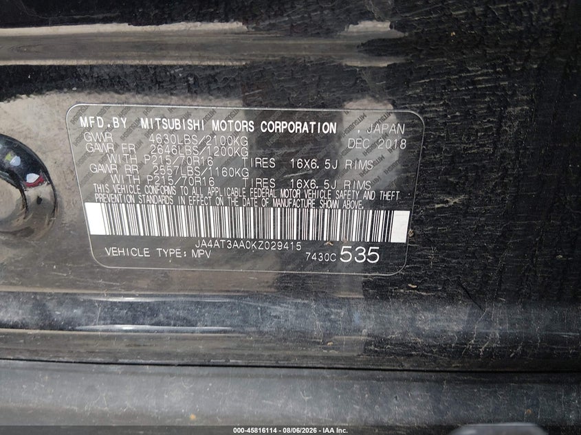 2019 Mitsubishi Eclipse cross VIN JA4AT3AA0KZ029415 IAAI salvage auction — FRONT END, Salvage Title, sold $1,200 on 2026-09-06 (photo 9)