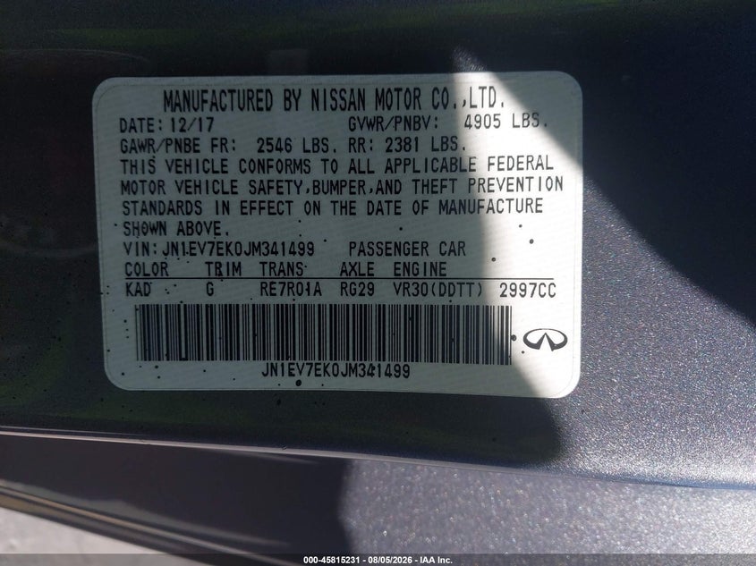 2018 Infiniti Q60 VIN JN1EV7EK0JM341499 IAAI salvage auction — RIGHT SIDE, Wait Title, sold $4,750 on 2026-08-22 (photo 9)