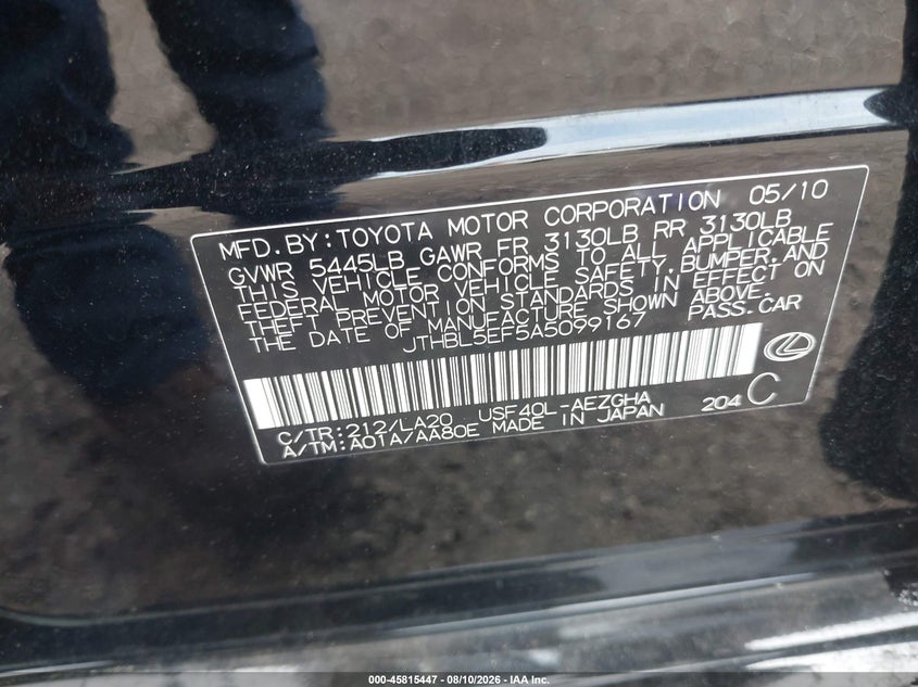2010 Lexus Ls 460 VIN JTHBL5EF5A5099167 IAAI salvage auction — NORMAL WEAR, Repossession Paperwork (South Carolina), sold $1,900 on 2026-09-05 (photo 9)