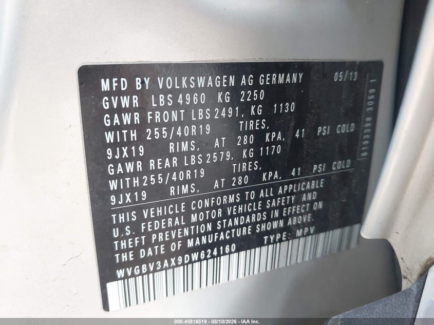 2013 Volkswagen Tiguan VIN WVGBV3AX9DW624160 IAAI salvage auction — NORMAL WEAR, Clear (Michigan), sold $1,300 on 2026-08-17 (photo 9)