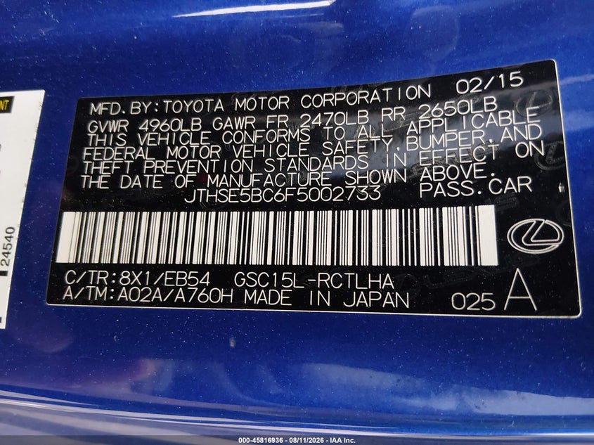 2015 Lexus Rc VIN JTHSE5BC6F5002733 IAAI salvage auction — HAIL, Salvage Title, sold $10,100 on 2026-09-09 (photo 9)