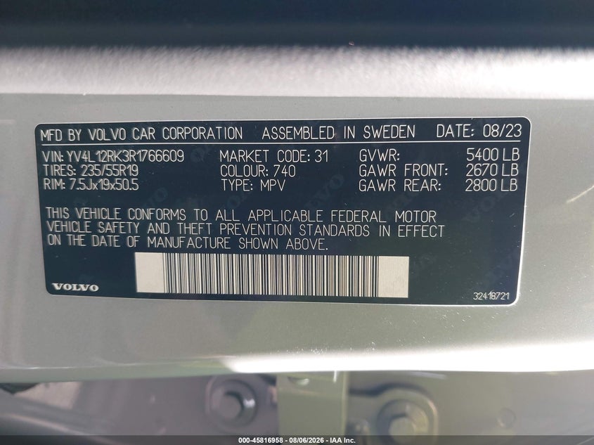 2024 Volvo Xc60 VIN YV4L12RK3R1766609 IAAI salvage auction — REAR END, Salvage Title, sold $20,400 on 2026-08-21 (photo 9)