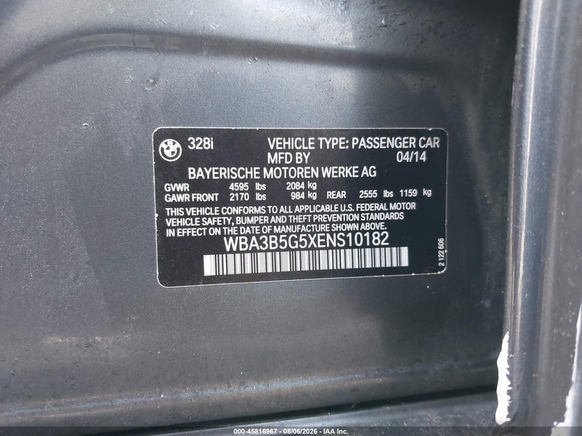 2014 BMW 3 series VIN WBA3B5G5XENS10182 IAAI salvage auction — LEFT FRONT, Clear (Pennsylvania), sold $1,675 on 2026-08-14 (photo 9)