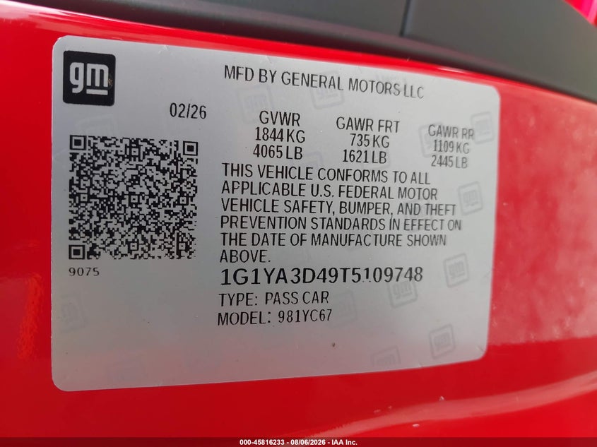 2026 Chevrolet Corvette VIN 1G1YA3D49T5109748 IAAI salvage auction — WATER/FLOOD, Wait Title, sold $30,500 on 2026-09-12 (photo 9)