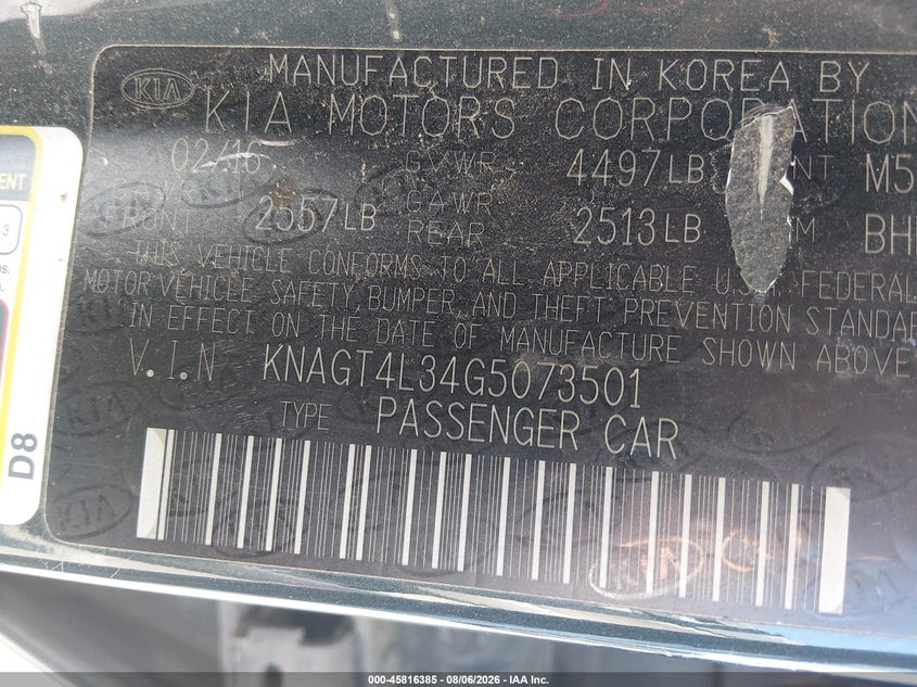 2016 Kia Optima VIN KNAGT4L34G5073501 IAAI salvage auction — FRONT END, Wait Title, sold $775 on 2026-08-20 (photo 9)