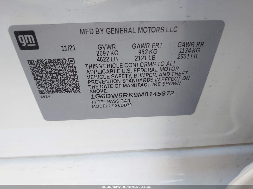 2021 Cadillac Ct5 VIN 1G6DW5RK9M0145872 IAAI salvage auction — FRONT END, Salvage (Texas), sold $9,400 on 2026-10-08 (photo 9)