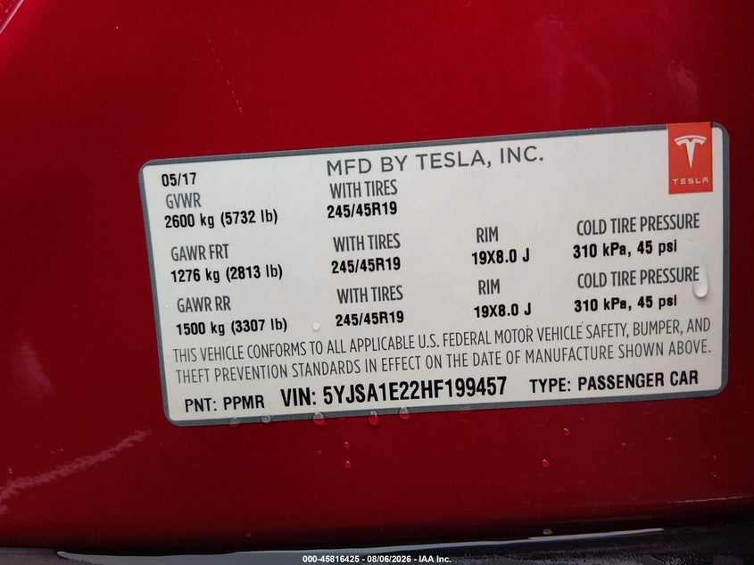 2017 Tesla Model s VIN 5YJSA1E22HF199457 IAAI salvage auction — REAR END, Salvage (Illinois), sold $7,000 on 2026-09-04 (photo 8)
