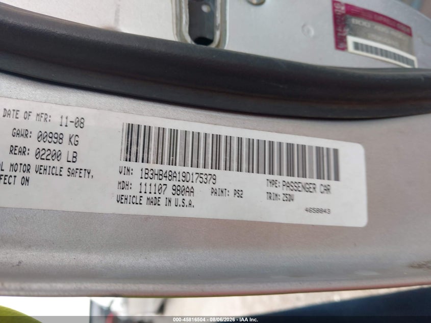 2009 Dodge Caliber VIN 1B3HB48A19D175379 IAAI salvage auction — UNKNOWN, Salvage (Texas), sold $875 on 2026-08-29 (photo 9)