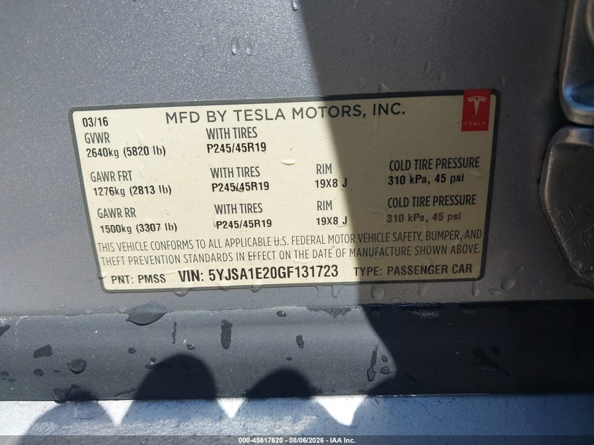 2016 Tesla Model s VIN 5YJSA1E20GF131723 IAAI salvage auction — WATER/FLOOD, Wait Title, sold $3,500 on 2026-09-11 (photo 9)