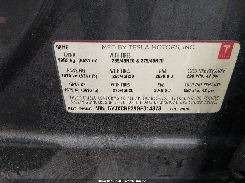 2016 Tesla Model x VIN 5YJXCBE29GF014373 IAAI salvage auction — FRONT & REAR, Salvage Title, sold $3,700 on 2026-08-30 (photo 9)