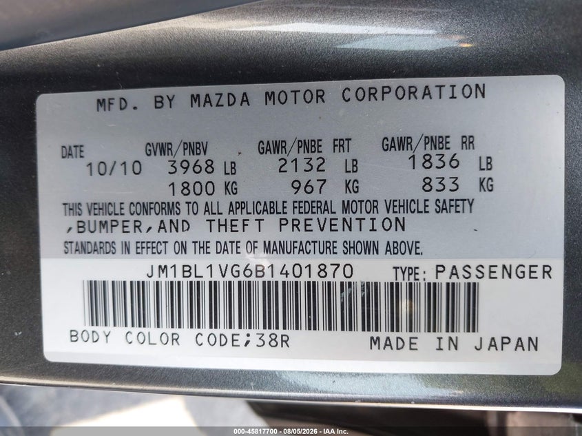2011 Mazda 3 VIN JM1BL1VG6B1401870 IAAI salvage auction — NORMAL WEAR, Clear (Texas), sold $775 on 2026-08-22 (photo 9)