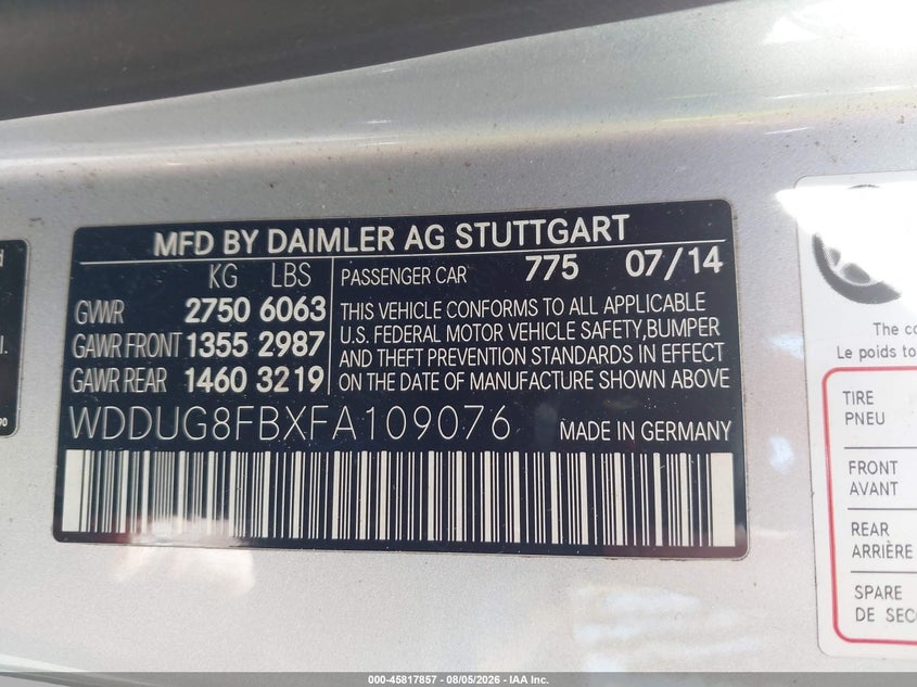 2015 Mercedes-benz S class VIN WDDUG8FBXFA109076 IAAI salvage auction — NORMAL WEAR, Clear (Virginia), sold $4,850 on 2026-08-12 (photo 9)