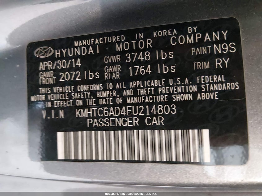 2014 Hyundai Veloster VIN KMHTC6AD4EU214803 IAAI salvage auction — NORMAL WEAR, Clear (Tennessee), sold $800 on 2026-08-23 (photo 9)