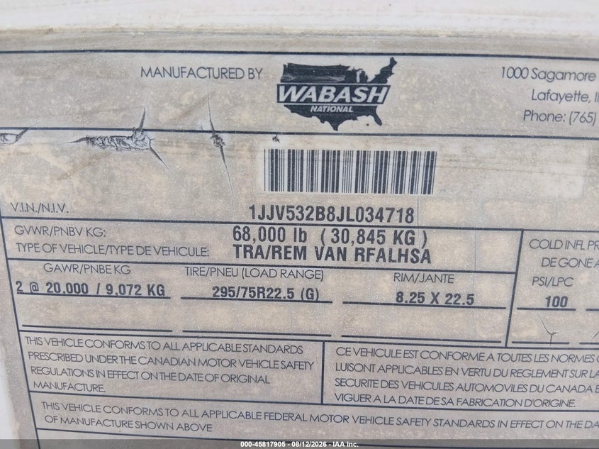2018 Wabash national corp Unknown VIN 1JJV532B8JL034718 IAAI salvage auction — FRONT END, Salvage (California), sold $7,200 on 2026-08-26 (photo 9)
