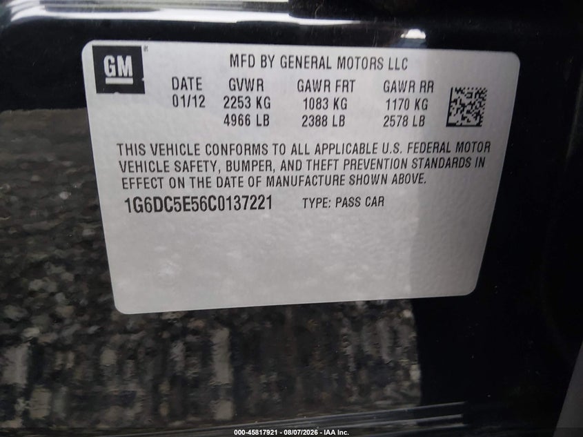 2012 Cadillac Cts VIN 1G6DC5E56C0137221 IAAI salvage auction — FRONT END, Salvage Title, sold $325 on 2026-08-21 (photo 9)