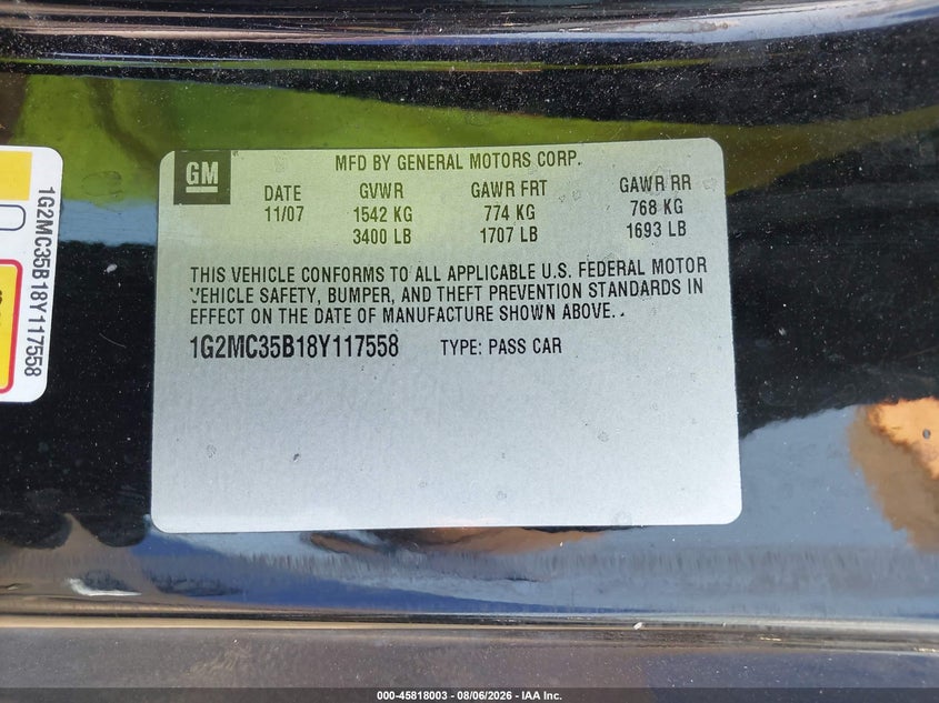 2008 Pontiac Solstice VIN 1G2MC35B18Y117558 IAAI salvage auction — NORMAL WEAR, Clear (Washington), sold $1,000 on 2026-08-19 (photo 9)