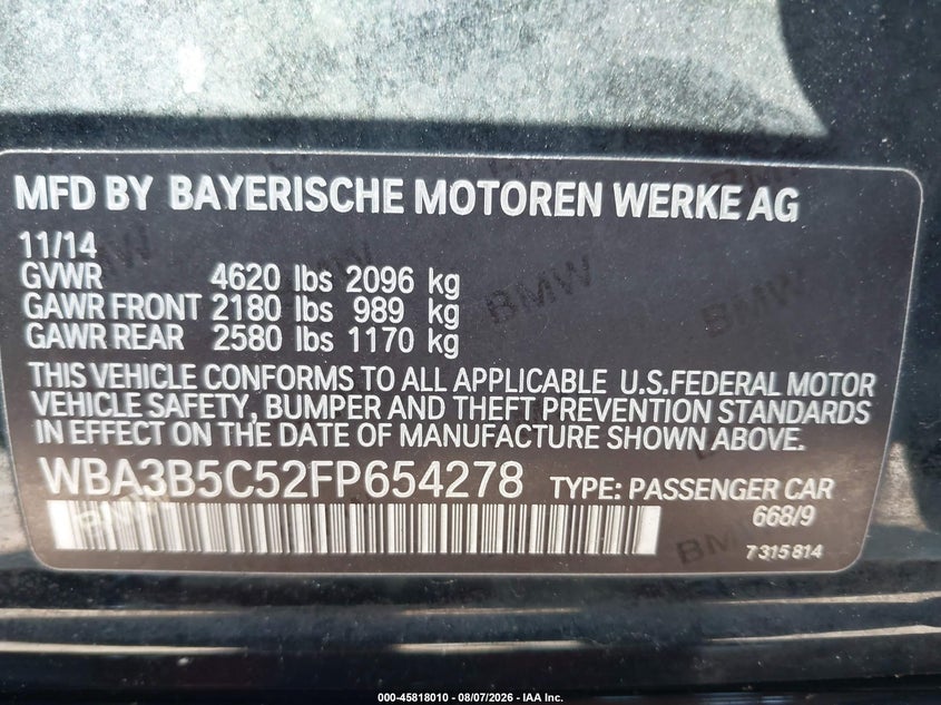 2015 BMW 3er VIN WBA3B5C52FP654278 IAAI salvage auction — NORMAL WEAR, Salvage Title, sold $2,925 on 2026-08-14 (photo 9)