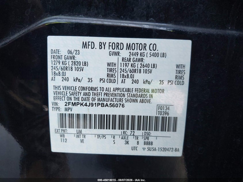 2023 Ford Edge VIN 2FMPK4J91PBA56076 IAAI salvage auction — REAR END, Salvage Title, sold $12,100 on 2026-08-18 (photo 9)