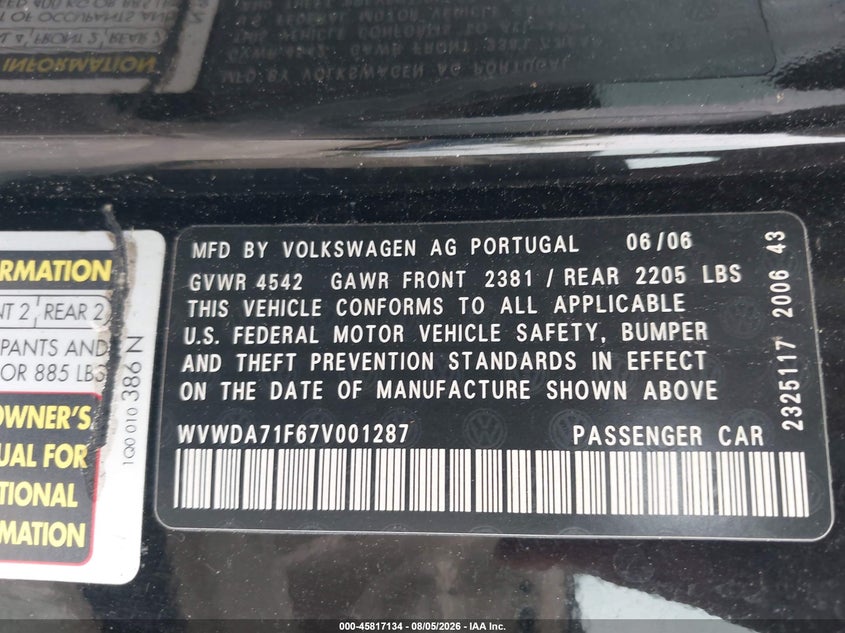 2007 Volkswagen Eos VIN WVWDA71F67V001287 IAAI salvage auction — NORMAL WEAR, Clear (Illinois), sold $300 on 2026-08-11 (photo 9)