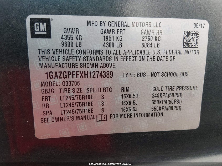 2017 Chevrolet Express 3500 VIN 1GAZGPFFXH1274389 IAAI salvage auction — NORMAL WEAR, Sf97 (California), sold $19,800 on 2026-09-10 (photo 9)
