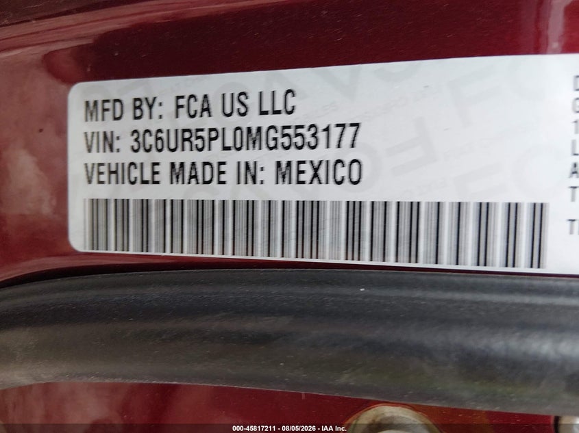 2021 Ram 2500 VIN 3C6UR5PL0MG553177 IAAI salvage auction — LEFT FRONT, Wait Title, sold $13,100 on 2026-08-29 (photo 9)