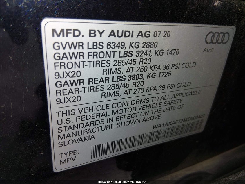 2021 Audi Q7 VIN WA1AXAF72MD000407 IAAI salvage auction — RIGHT FRONT, Salvage (Ohio), sold $9,975 on 2026-09-05 (photo 9)