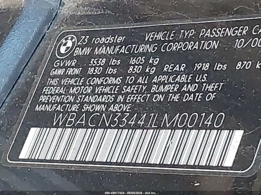 2001 BMW Z3 VIN WBACN33441LM00140 IAAI salvage auction — NORMAL WEAR, Clear (Virginia), sold $1,300 on 2026-09-01 (photo 9)