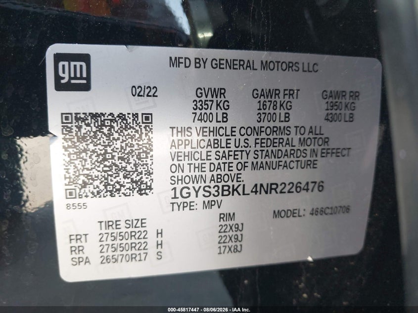 2022 Cadillac Escalade VIN 1GYS3BKL4NR226476 IAAI salvage auction — FRONT END, Salvage Title, sold $24,050 on 2026-10-07 (photo 9)