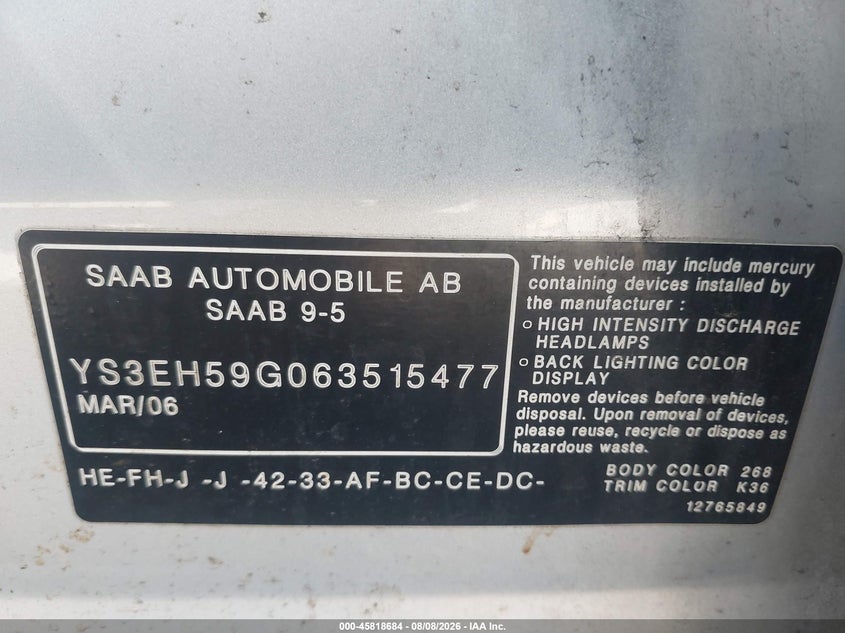 2006 Saab 9-5 VIN YS3EH59G063515477 IAAI salvage auction — NORMAL WEAR, Salvage (California), sold $275 on 2026-09-24 (photo 9)